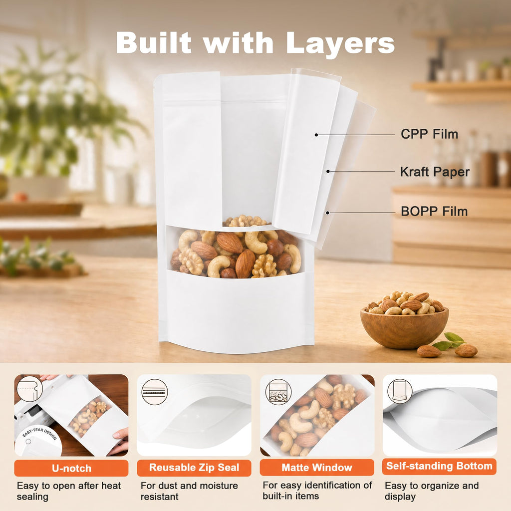 FireKylin 100 Pcs Resealable Bags, Paper Stand Up Pouches Bags with Matte Window for Small Businness, Zipper & Heat Sealable Treat Bags for Packaging(Inner Size 4.1" x 4.9"; Outer Size 4.7" x 7.9")