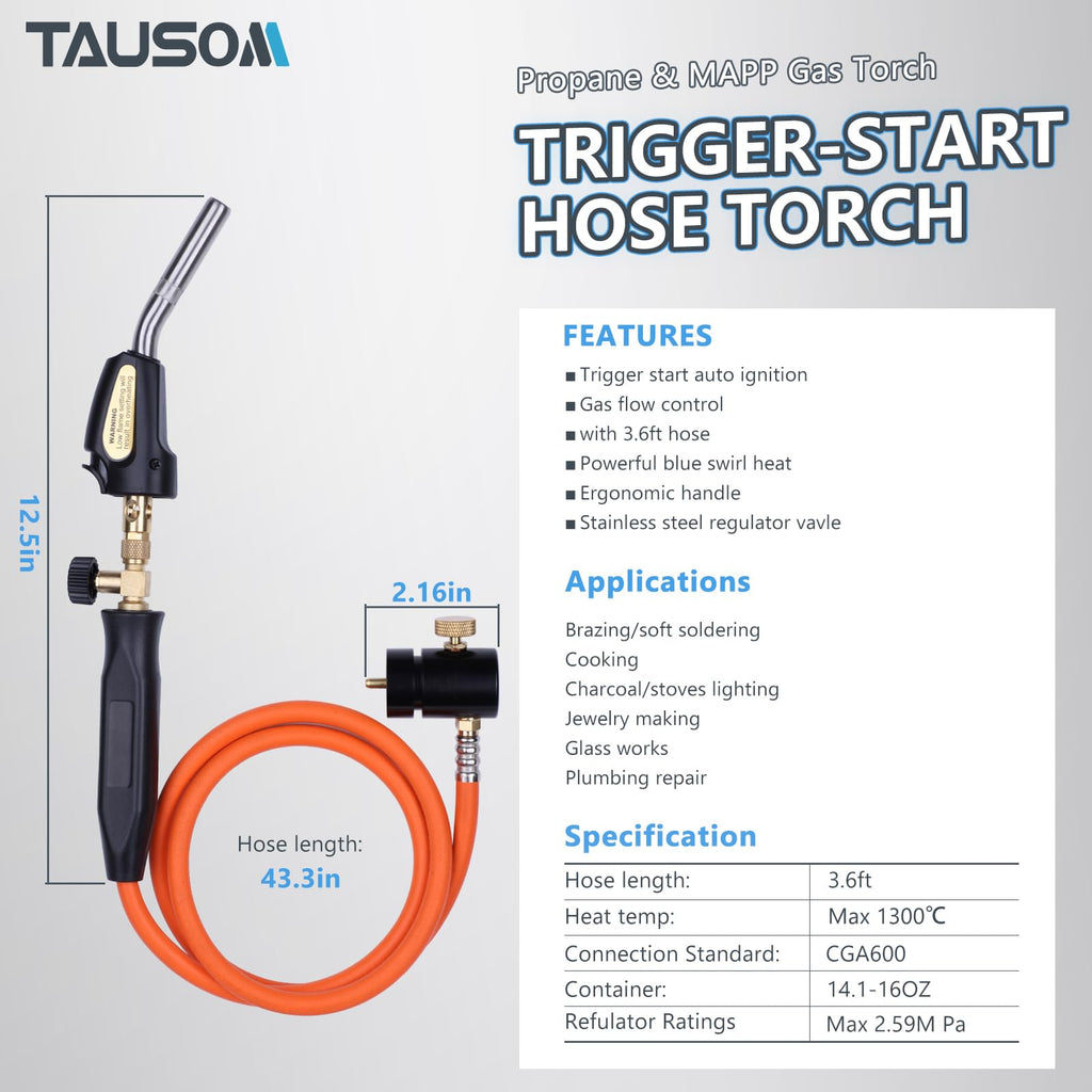 TAUSOM Propane Torch Hose Kit 3.6Ft, Mapp Map Gas Torch Kit Trigger Start, Adjustable Heat Knob Near Torch Head Stainless Steel, Soldering Torch -with Hook