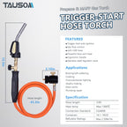 TAUSOM Propane Torch Hose Kit 3.6Ft, Mapp Map Gas Torch Kit Trigger Start, Adjustable Heat Knob Near Torch Head Stainless Steel, Soldering Torch -with Hook