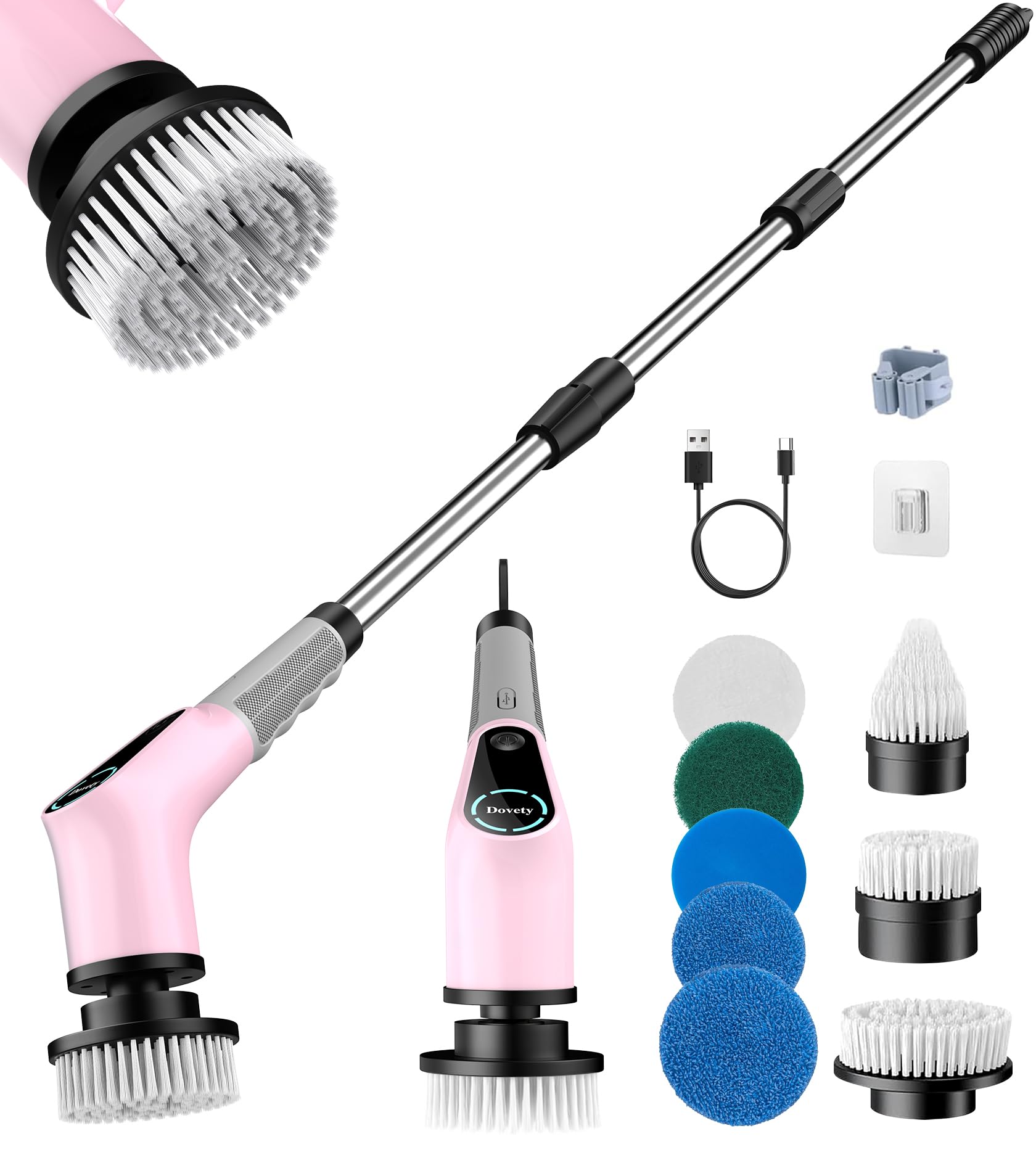 Dovety Electric Spin Scrubber, Shower Scrubber, Power Cleaner Tools with 8 Replaceable Brush Heads, Cleaning Brush with Extension Handle, 2 Adjustable Speeds, 90Mins Work Time for Home Bathtub-Pink