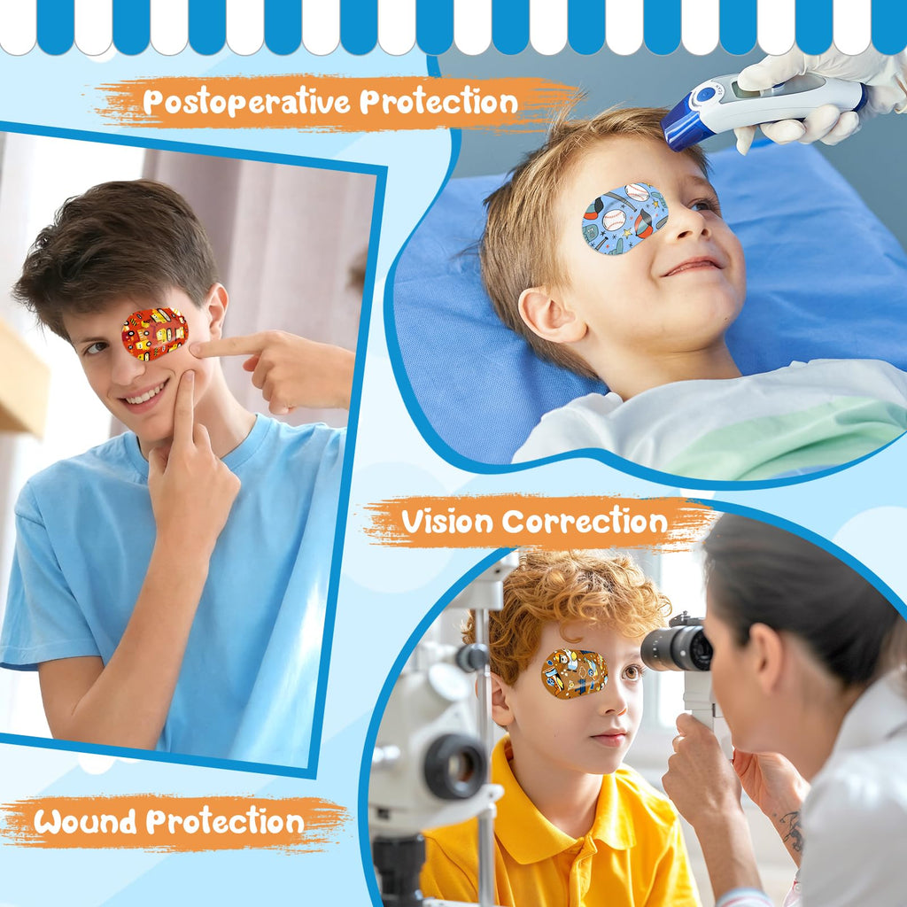 75 Pcs Adhesive Eye Patches for Kids Boys, 15 Cute Styles, 3 x 2 Inch Latex Free Breathable Cotton Adhesive Eye Patch for Amblyopia Lazy Eye, Light Blocking Disposable Eye Pad for Toddler Boys