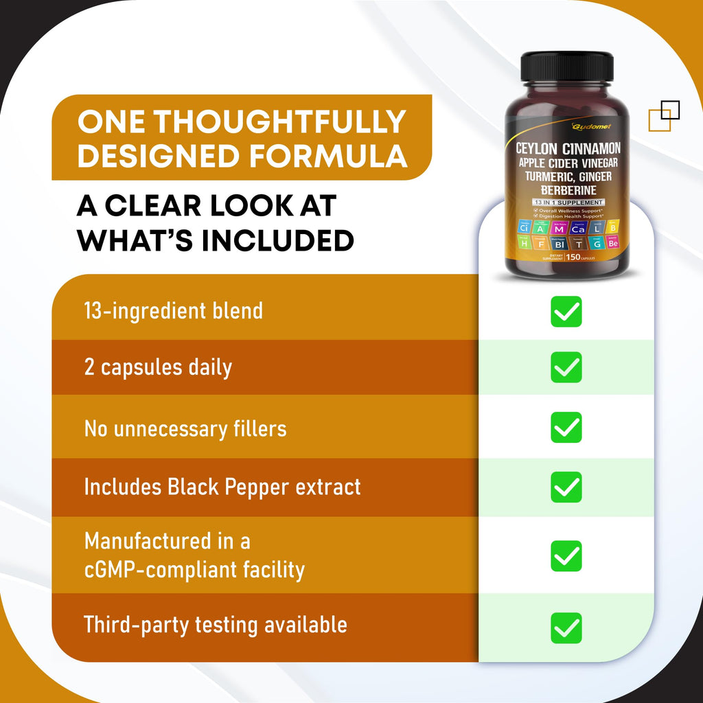 Ceylon Cinnamon Apple Cider Vinegar Turmeric Ginger Root Berberine Gymnema sylvestre Milk Thistle Licorice -150 Capsules
