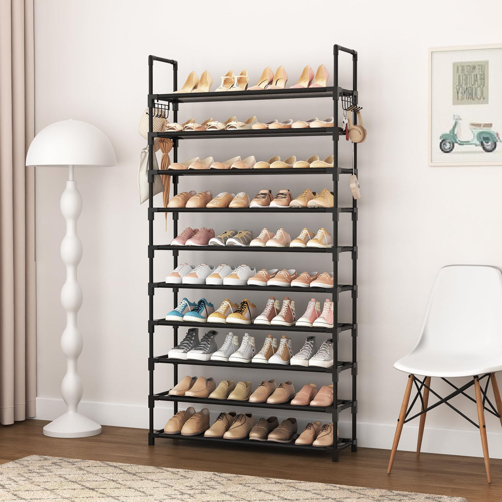 VTRIN 10 Tier Shoe Rack Tall Large Capacity Wide Shoe Organizer with Two Hooks Sturdy Metal Shoe Shelf for Entryway, Closet, Bedroom