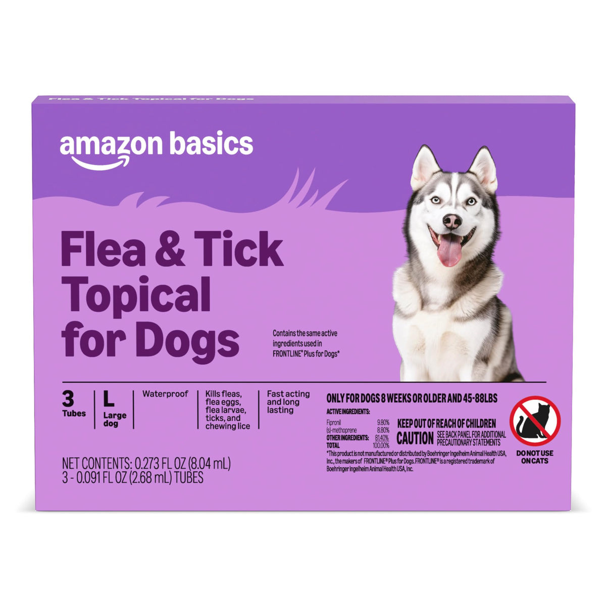 Amazon Basics Flea and Tick Topical Treatment and Prevention for Large Dogs (45-88 lbs), Fast Acting and Long Lasting, 3 Count, Packaging May Vary