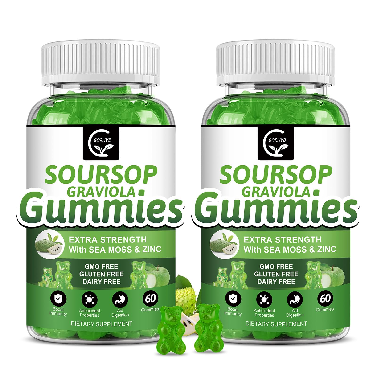 (2 Pack) Soursop Graviola Gummies - 2200mg Extra Strength Soursop Leaves Extract w/Sea Moss Extract 200mg, Zinc & Vitamin C - Supports Immunity, Liver & Digestive, Gluten Free, Vegan, 120 Gummies