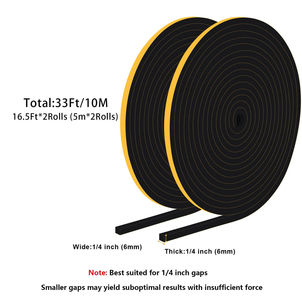 Trisiki Door Weather Stripping for Doors and Windows, Self-Adhesive Foam Gasket Tape, Energy-Saving (1/4 in x 1/4 in x 33 Ft)