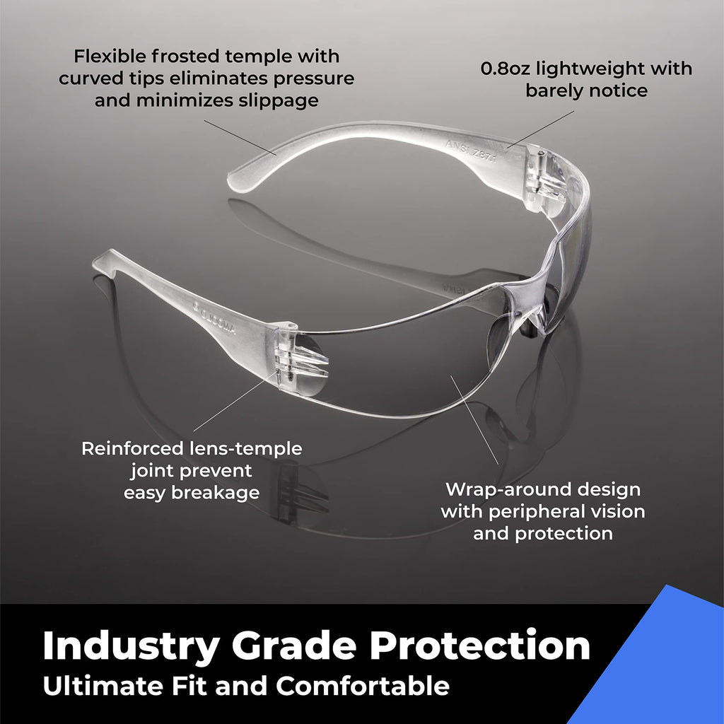 amoolo Safety Glasses for Men Women, Clear Eye Protection for Worl, Lab, Construction (Clear/Adult's Size, 144 Pack)