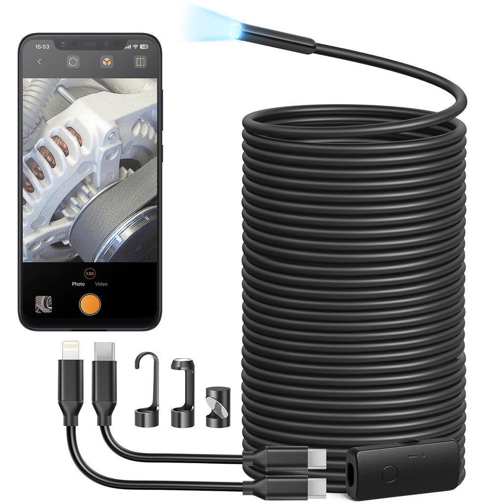 Anykit Endoscope Camera with Light, 1920P HD Borescope with 8 Adjustable LED Lights, Semi-Rigid Snake Camera with Light, IP67 Waterproof Inspection Cam for iPhone & Android, 50 ft Single Lens