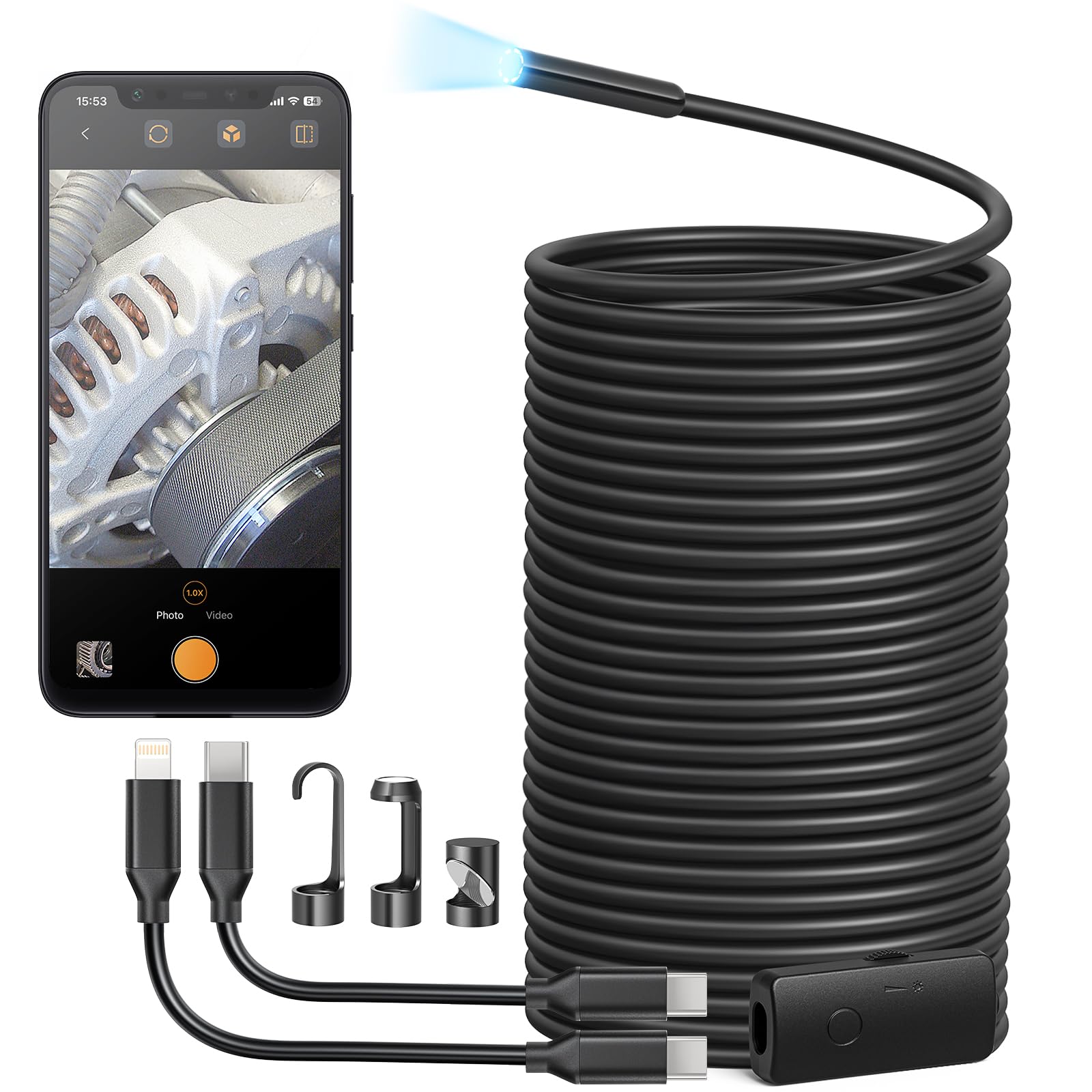 Anykit Endoscope Camera with Light, 1920P HD Borescope with 8 Adjustable LED Lights, Semi-Rigid Snake Camera with Light, IP67 Waterproof Inspection Cam for iPhone & Android, 50 ft Single Lens