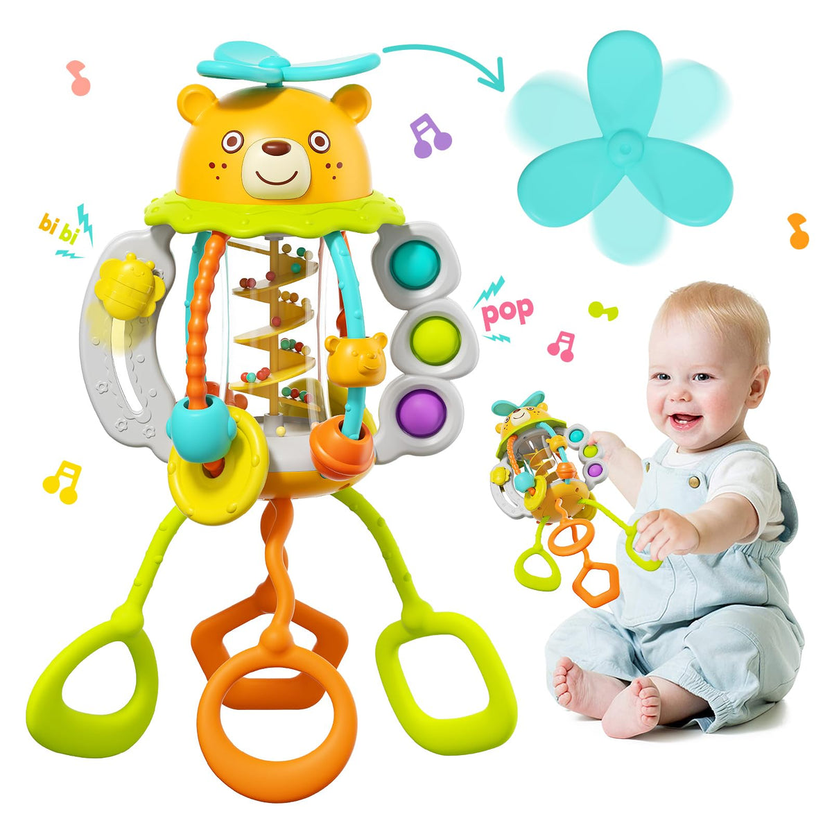 HOLA Montessori Toys for 1 Year Old Boys - Rattle Teething Baby Toys 0-6 & 6-12 Months, Silicone Pull String Sensory Toys for 1 Year Old Girl Gifts Christmas Stocking Stuffers
