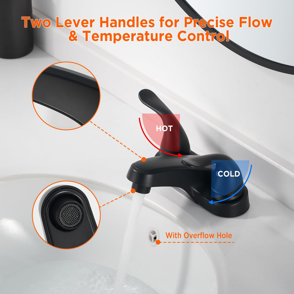 Bathroom Sink Faucets 2/3 Hole,Matte Black Dual Handles 4 inch Plastic Plating Over Bathroom Faucet with Pop-up Drain and 2 Supply Hoses for Apartment Rvs Sink Vanity
