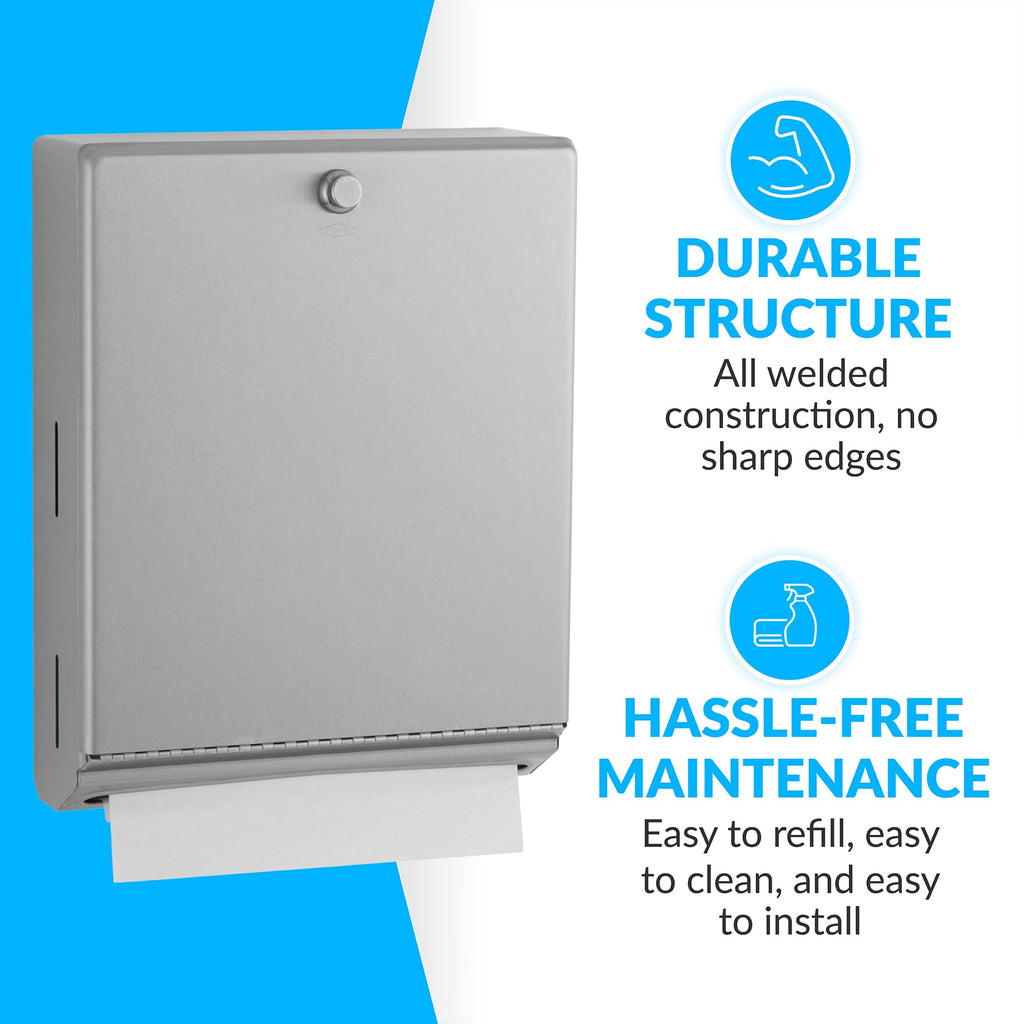 Bobrick B-2620 Surface Mounted Paper Towel Dispenser - Stainless Steel Commercial Bathroom Towel Dispenser with Knob-Latch 400 C-Fold or 525 Multifold Capacity