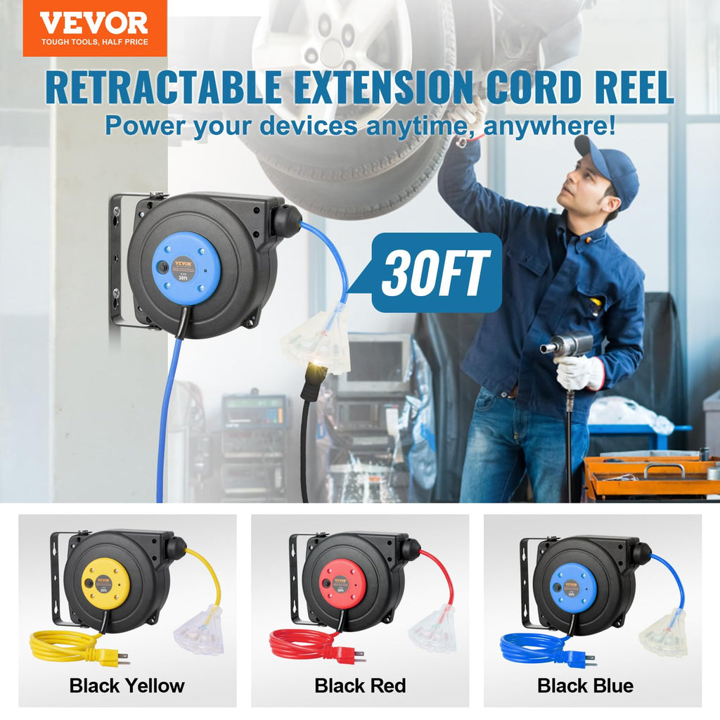 VEVOR Retractable Extension Cord Reel, 30 FT, Heavy Duty 16AWG/3C SJTOW Retractable Power Cord Reel with Lighted Triple Tap Outlet 10 Amp Circuit Breaker, for Ceiling or Wall Mount, Blue