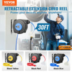 VEVOR Retractable Extension Cord Reel, 30 FT, Heavy Duty 16AWG/3C SJTOW Retractable Power Cord Reel with Lighted Triple Tap Outlet 10 Amp Circuit Breaker, for Ceiling or Wall Mount, Blue