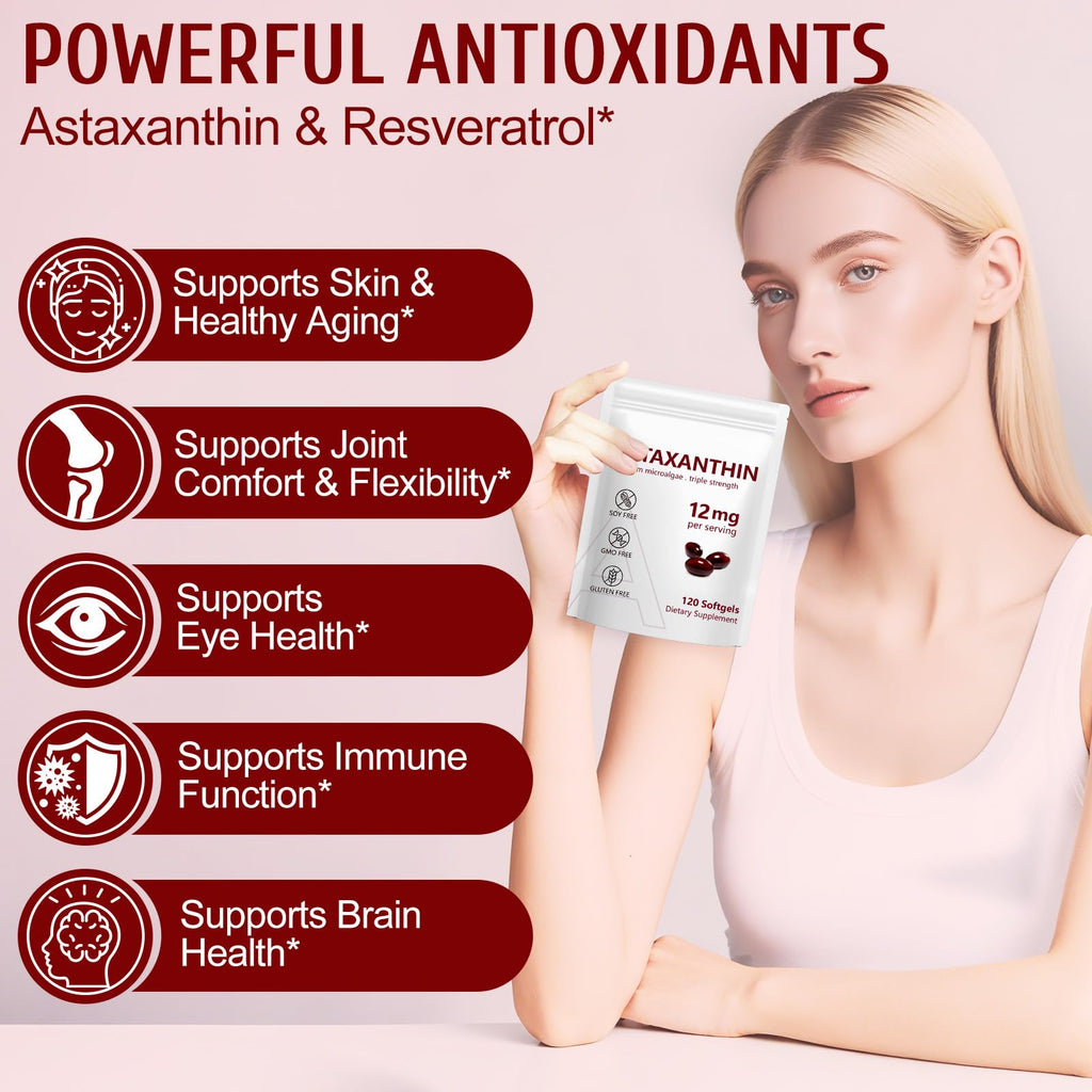 2 Pack Astaxanthin 12mg, Premium Astaxanthin Antioxidant Supplements with Antioxidant Activity, Supports Eye, Immune, Skin Health, Internal Circulation