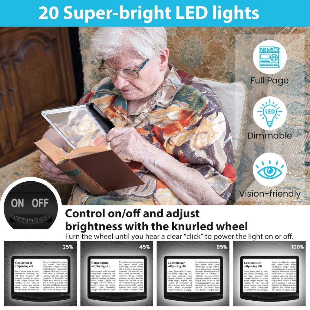 Rechargeable 5X Magnifying Glass for Reading, Large Bright Full Page Magnifier with Light, Handheld LED Dimmable Lighted, Lightweight Book Magnifier for Reading Small Prints Seniors Low Vision