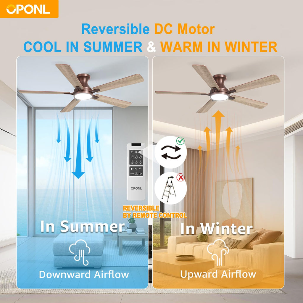 OPONL 52 Inch Ceiling Fans with Light, Brown Ceiling Fan with Light and Remote Control, 6CCT, Dimmable LED, Noiseless DC Reversible Motor, Flush Mount, Low Profile Ceiling Fan for Indoor/Outdoor Use