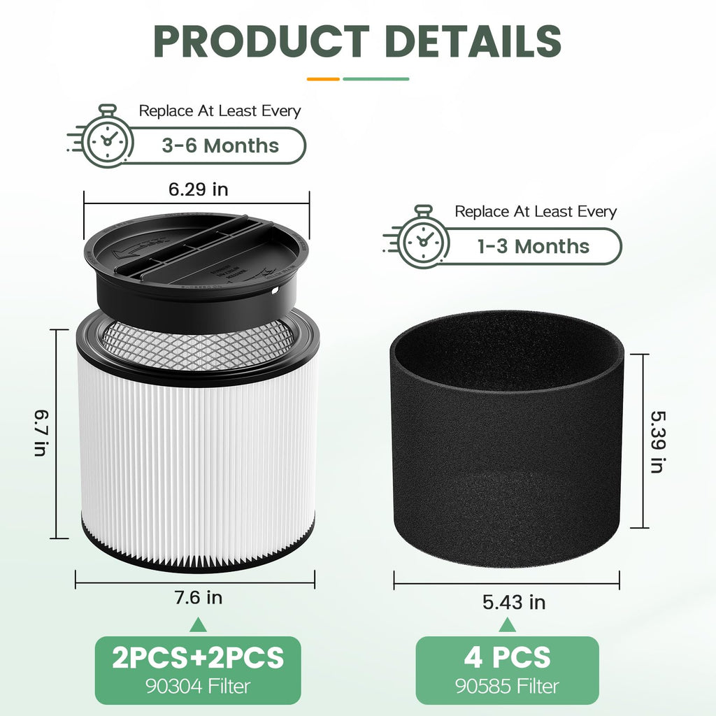 90304 Replacement Filter Kit Compatible with Shop Vac Cartridge Filter 90350 90304 90333 90585, Fits Most 5 Gallon and above Wet Dry Vacuum Cleaner (2+2+4+1)