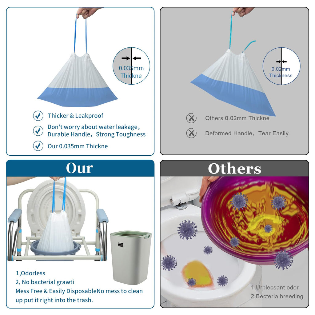 Commode Liners with Absorbent Pads | 100Bags+100Pads for Bedside Toilet Chair Bucket | Universal Fit | Bedside Commode Liners and Pads(100Bags + 100Pads)