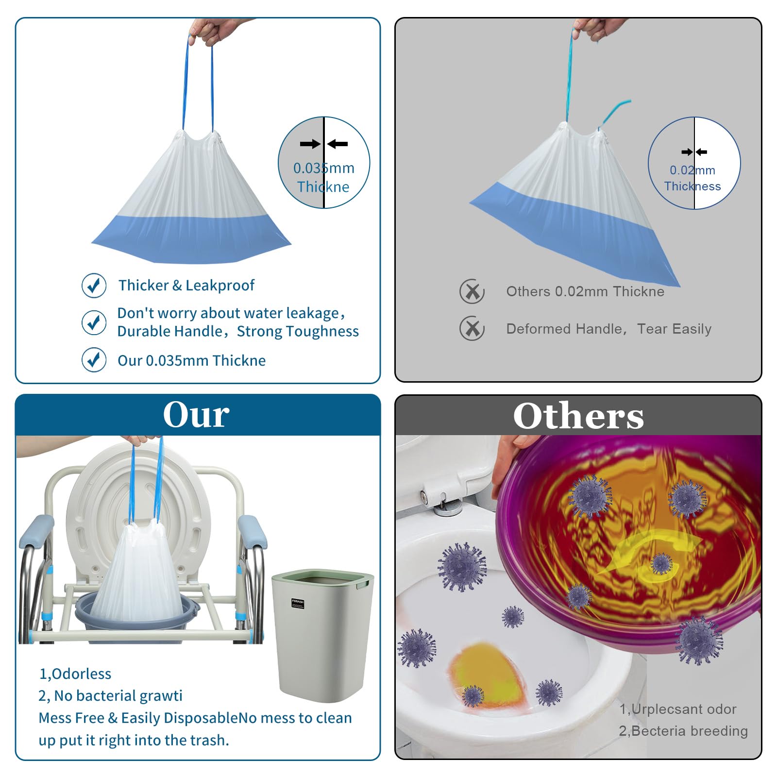 Commode Liners with Absorbent Pads | 100Bags+100Pads for Bedside Toilet Chair Bucket | Universal Fit | Bedside Commode Liners and Pads(100Bags + 100Pads)