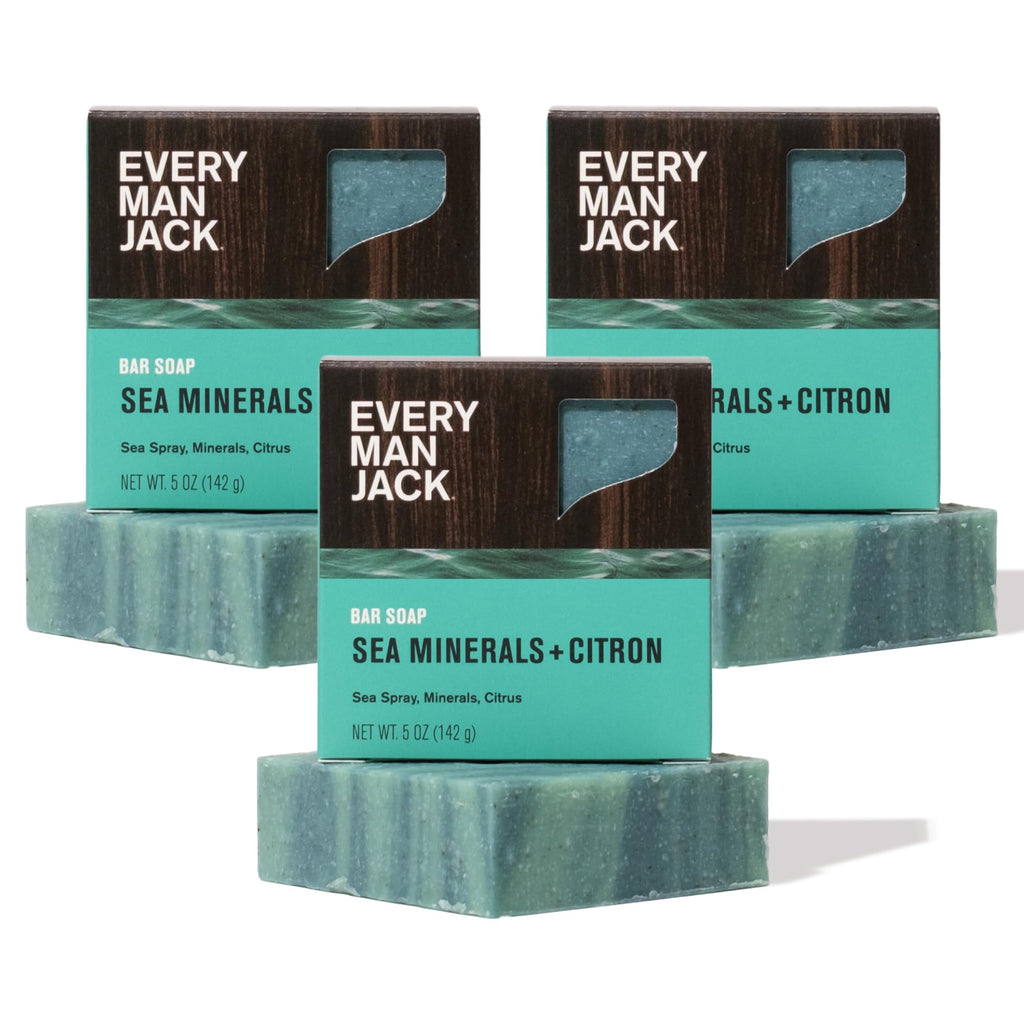 Every Man Jack Cold Processed Mens Bar Soap - Sea Minerals + Citron Scent - Deeply Cleans & Hydrates with Shea Butter and Coconut Oil - (3 Pack)