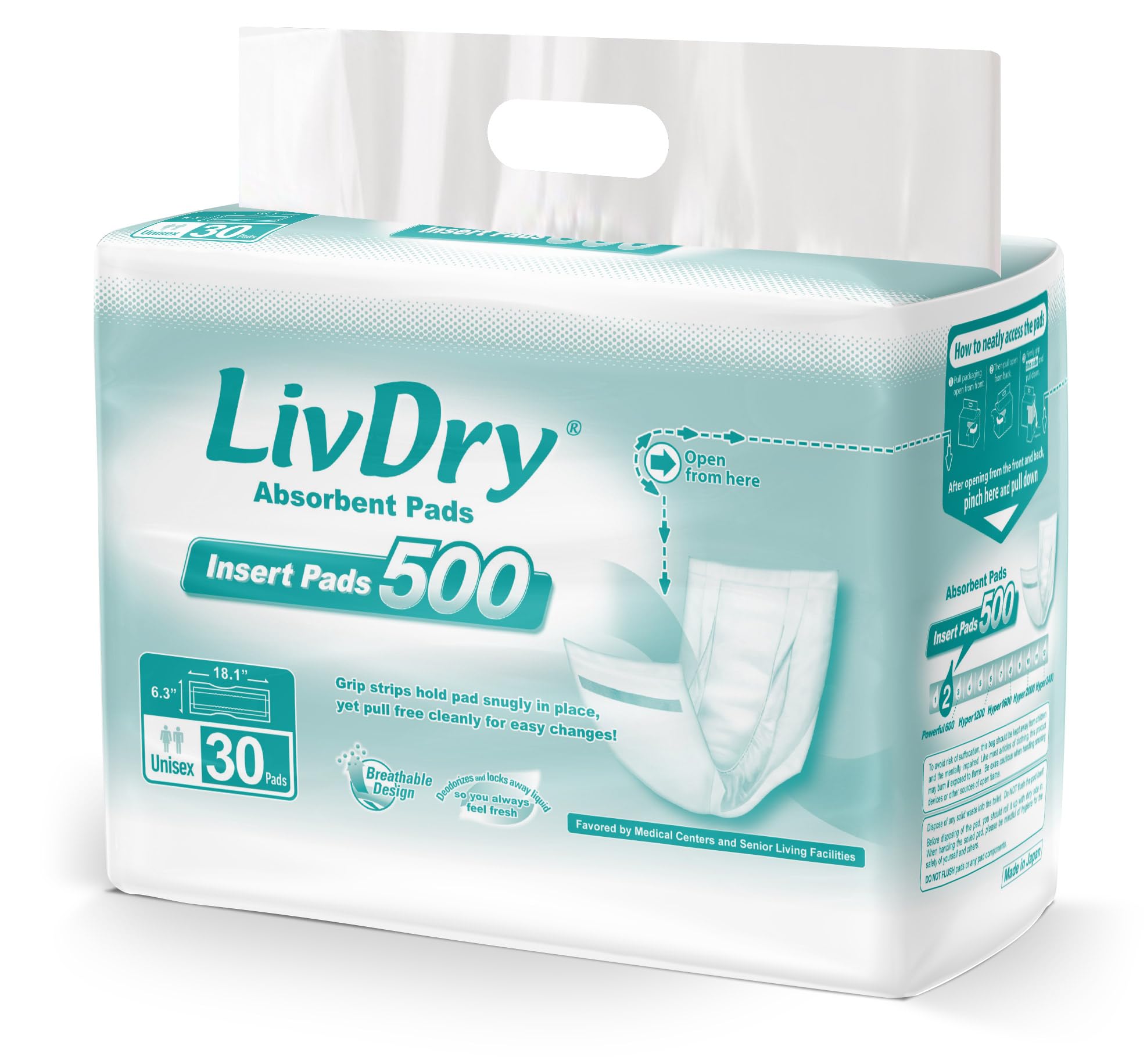 LivDry Incontinence Pads for Women and Men, Long Length Insert, Extra Absorbency with Odor Control (30 Count)