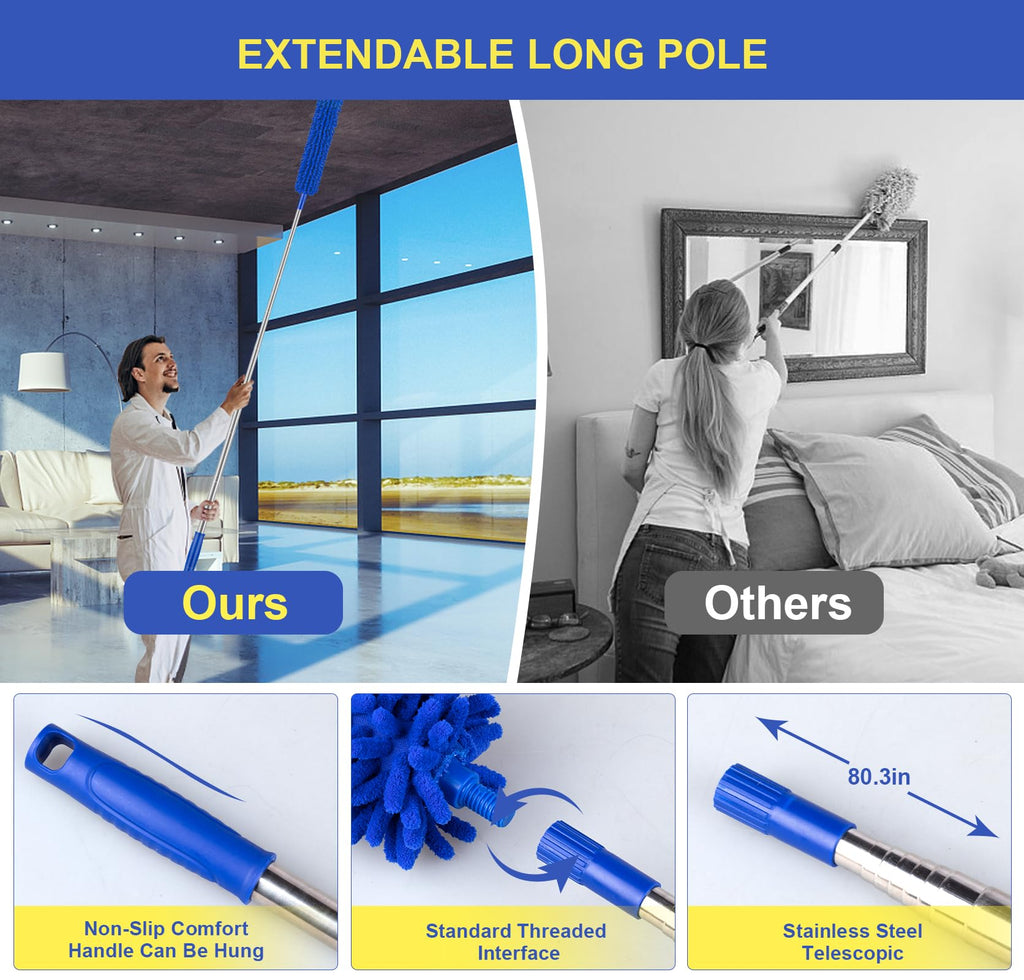 Dusters for Cleaning, Newliton Duster with Extension Pole Microfiber Ceiling Fan Cobweb Duster, Long Duster for High Ceilings Wall Refrigerator Appliance Baseboard Home Furniture Blinds