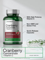 Horbäach Cranberry Concentrate Extract Pills + Vitamin C | 120 Capsules | Supplement for Women and Men | Triple Strength Ultimate Potency Formula | Non-GMO and Gluten Free