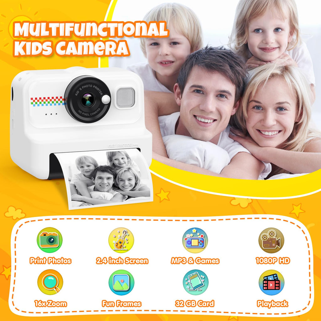 HiMont Kids Instant Print Camera, 1080P HD Kids Camera Instant Print with 3 Rolls Print Paper & 32GB Card, Ideal Kid Toys Gifts for Boys & Girls Age 3-14 (Black)