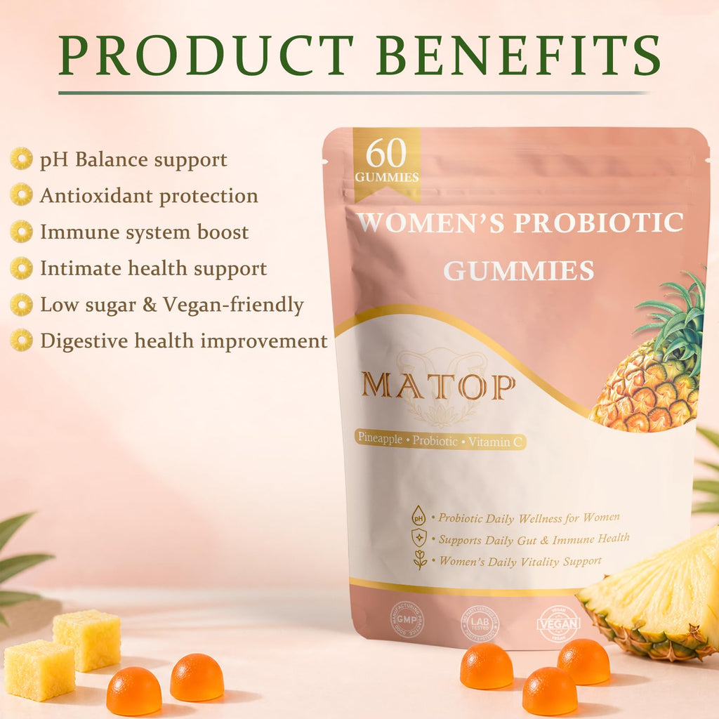 MATOP Women’s Probiotic Pineapple Gummies – Gut Health & Daily Digestive Wellness, Vegan Sugar-Free, 60 Count