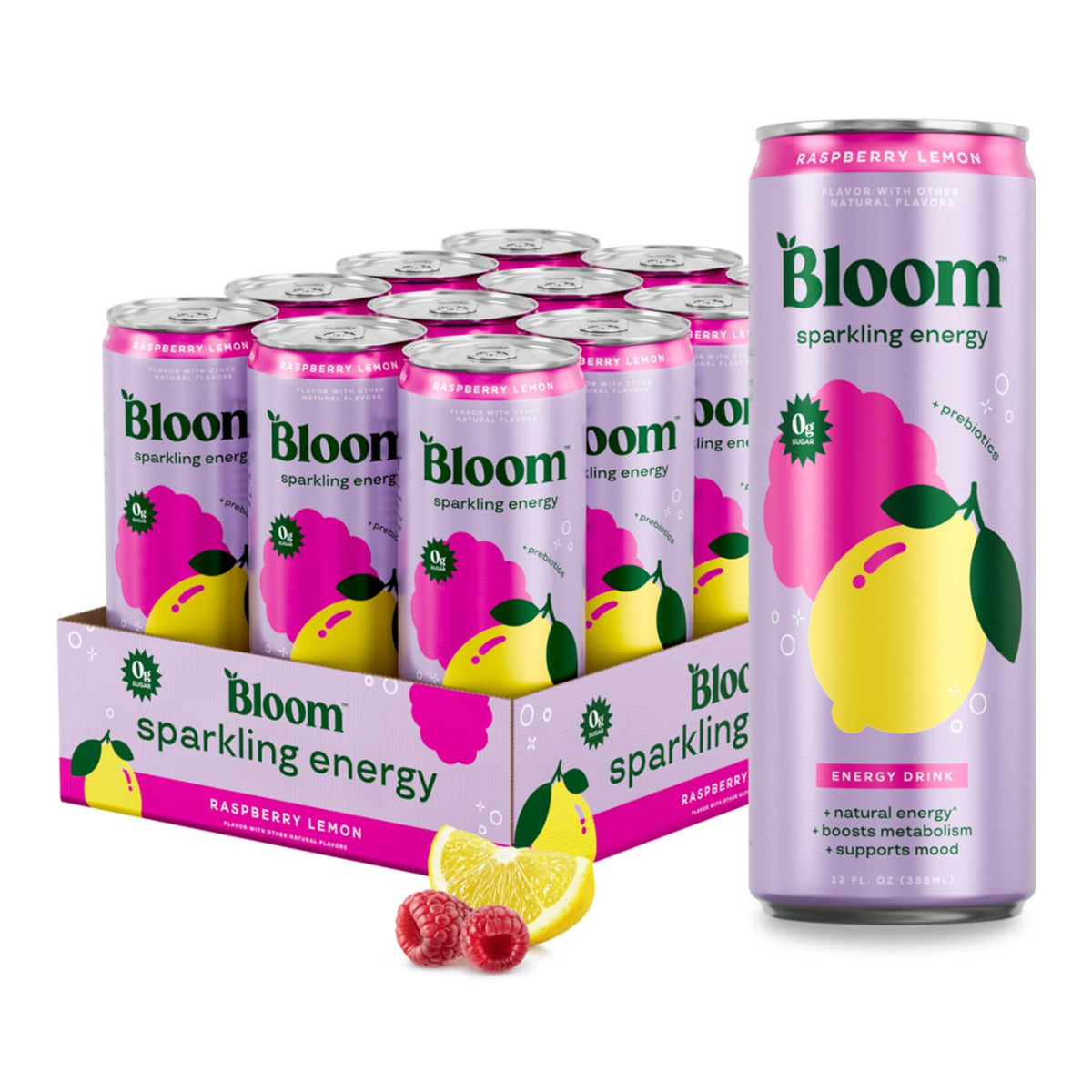 Bloom Nutrition Zero Sugar Energy Drink, Raspberry Lemon, 12oz 12pk