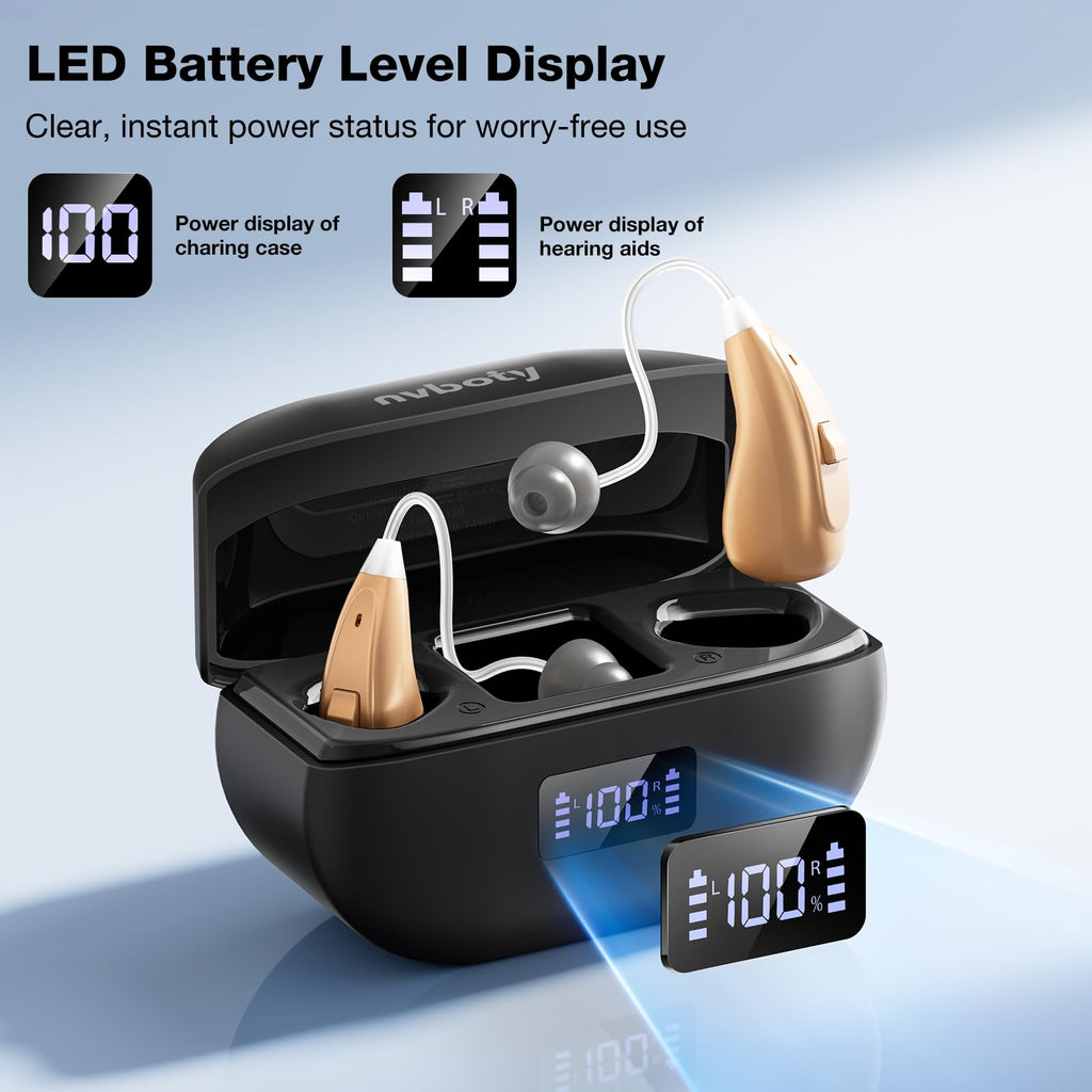 NVBOTY OTC Hearing Aids for Seniors & Adults - Rechargeable, 25+ Hour Battery Life, Advanced Noise Cancellation, 5-Level Volume & Memory, Clear Sound, Comfort-Fit, LED Display (Black)