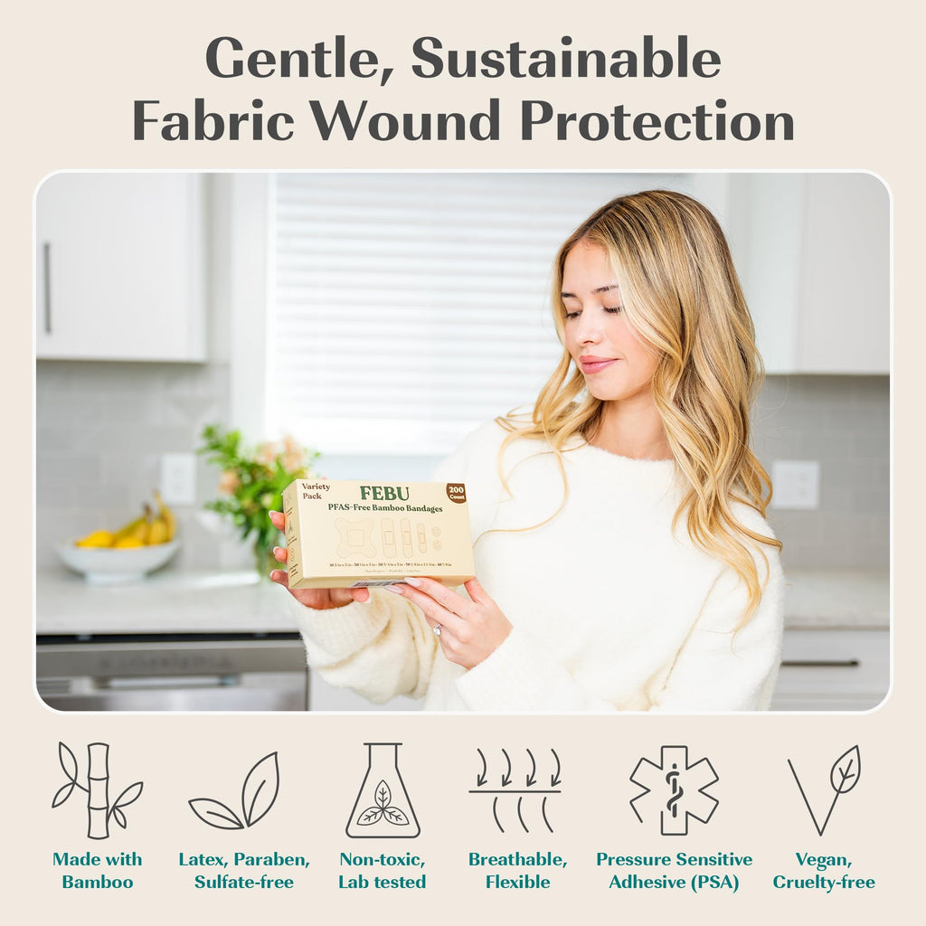 FEBU Eco-Friendly Bamboo Fabric Bandages | PFAS Free Bandages for Scrapes & Cuts | Flexible Fabric Bandage | Fully Compostable, Latex Free Bandage | 200 Count Bulk Variety