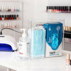 SEANADO Face Mask Dispenser 3 Compartment Acrylic Glove Box Holder Hygiene Station for Disposable Face Masks, Emesis Bag, Shoe Cover and Hairnet, Wall Mount Holes or Tabletop Holder （Clear）