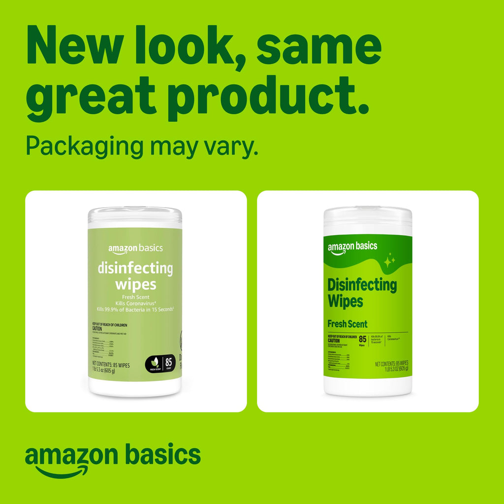 Amazon Basics Disinfecting Wipes, Fresh scent, Sanitizes, Cleans, Disinfects, Deodorizes, 85 Count: Pallet of 480 (80 x 6-pack), Packaging May Vary