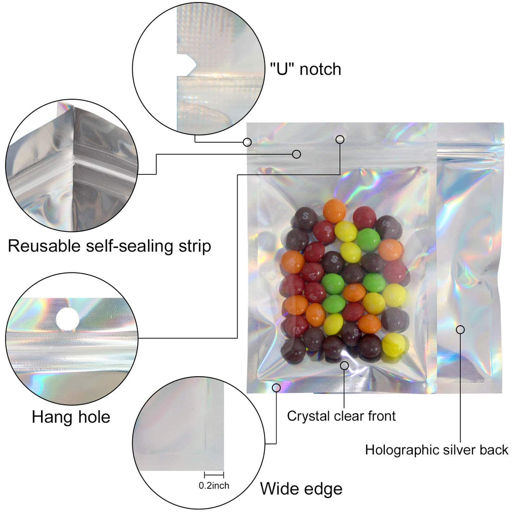EgticLive 100 Pack Resealable Holographic Bags for Small Business, Iridescent Mylar Bags with Clear Front Smell Proof Foil Packing Pouches for Multipurpose Storage (6.3 X 9.5 inches)