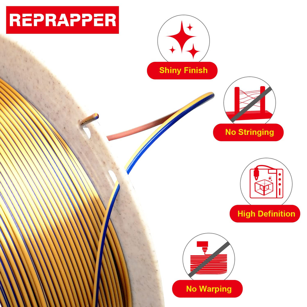 Reprapper Triple Color Filament Dichromatic pla Filament 1.75mm for 3D Printer, Multicolor Like Dual Color Rainbow PLA, 2.2lbs (1kg), Silk PLA Gold/Copper/Blue