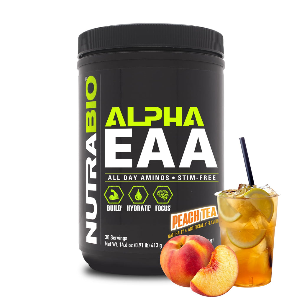 NutraBio Alpha EAA - All-Day Amino Acids for Muscle Growth and Hydration - Essential Amino Acids with Nootropics & Adaptogens- Full Spectrum EAA BCAA Powder - 30 Servings - Peach Tea