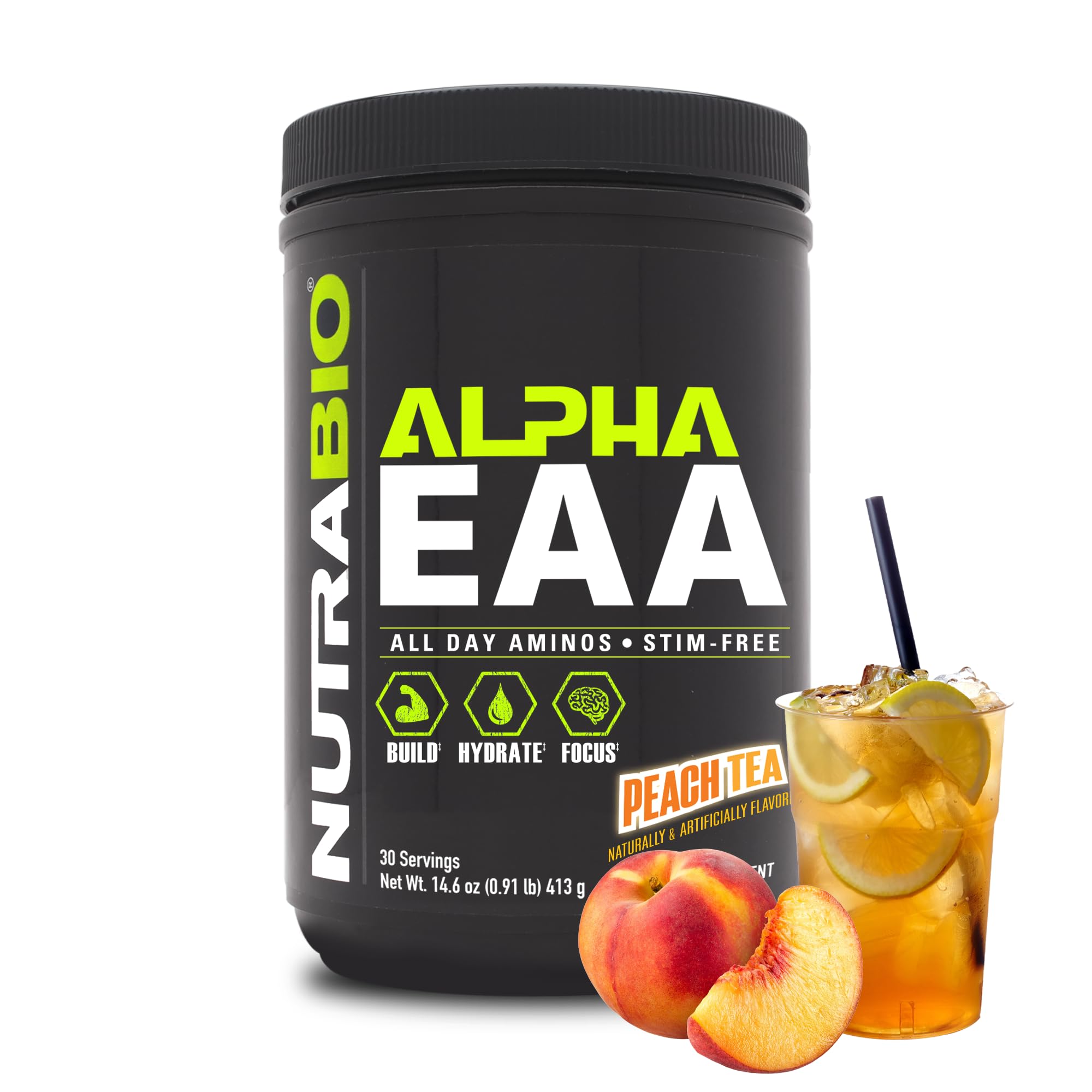 NutraBio Alpha EAA - All-Day Amino Acids for Muscle Growth and Hydration - Essential Amino Acids with Nootropics & Adaptogens- Full Spectrum EAA BCAA Powder - 30 Servings - Peach Tea