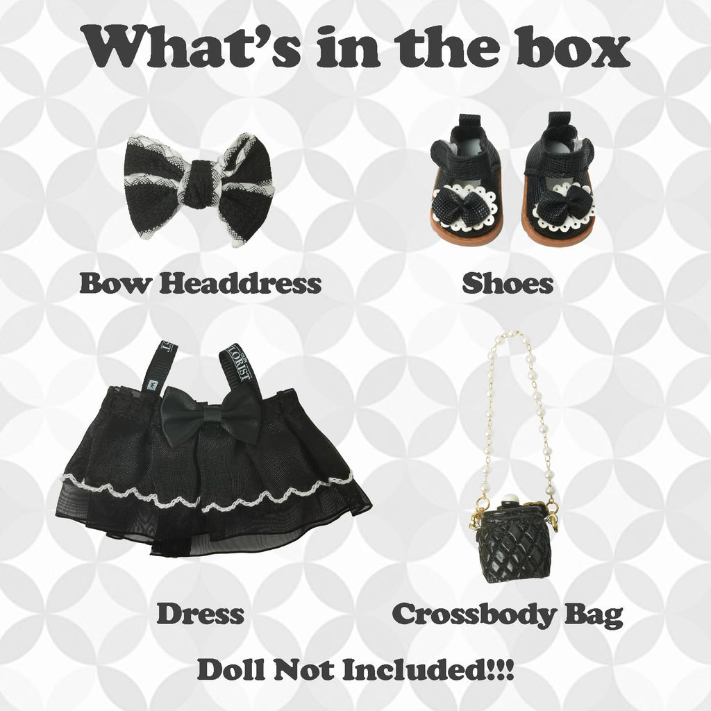 Clothes Compatible with LABUBU Doll – 4PCS Black Classic Dress Set, 17cm Doll Clothes Designer Outfit for Balletcore Elegance Theme, Chic Stylish Accessories for Labubu, No Doll (Black Swan Belle)