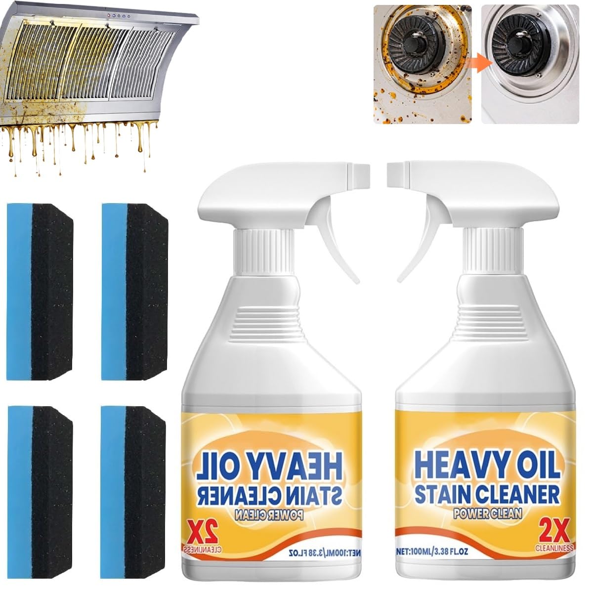 Kitchen Heavy Oil Cleaner Spray,3.38 Oz All Purpose Kitchens Heavy Oil Cleaning Agent, Grease Remover,Kitchen Degreasing Cleaning Spray for Stove,Oven,Dishwasher,Appliances (2PC With 2 Sponge)