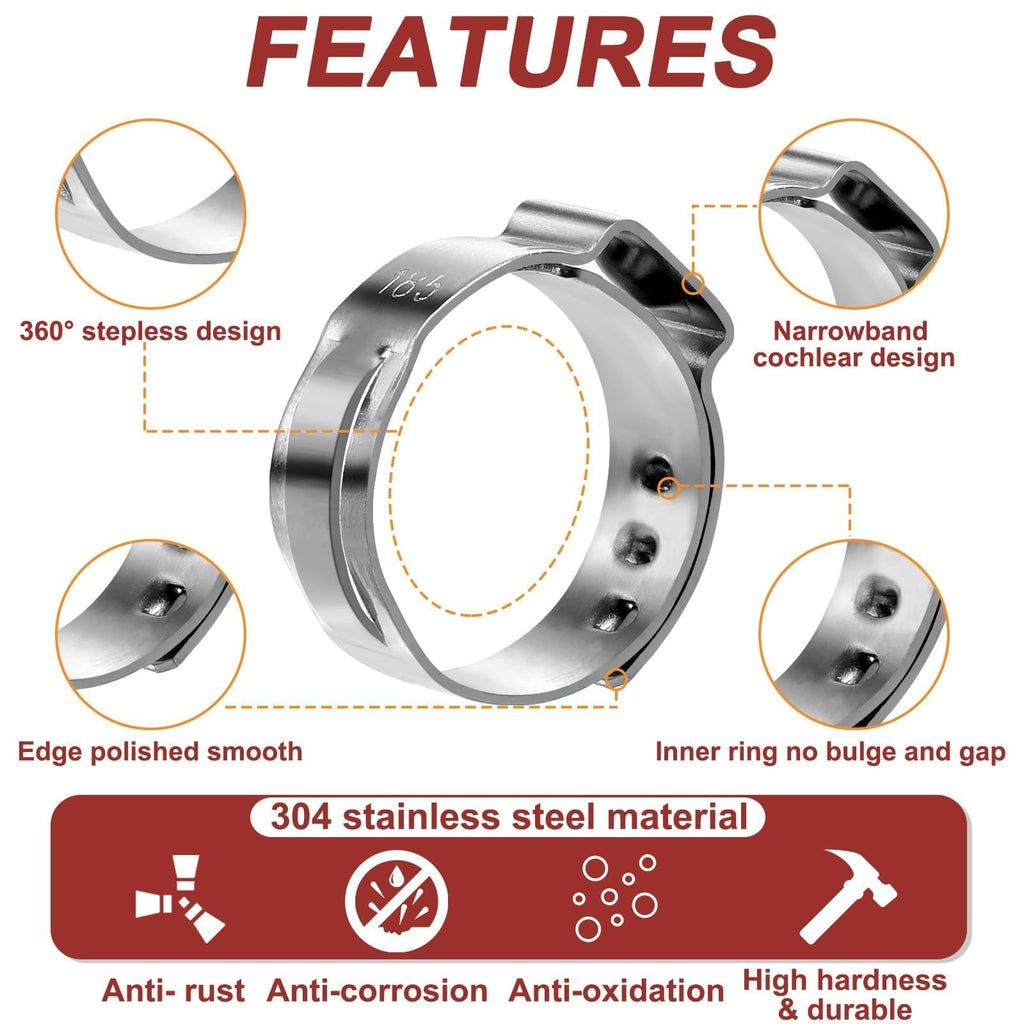 Hydencamm 370PCS 15 Sizes Single Ear Hose Clamps, 5.3-33.1mm 304 Stainless Steel Crimp Hose Clamps, Stepless Adjustable Cinch Clamps for Automotive, Home Appliance Line, Plumbing and Industrial Use