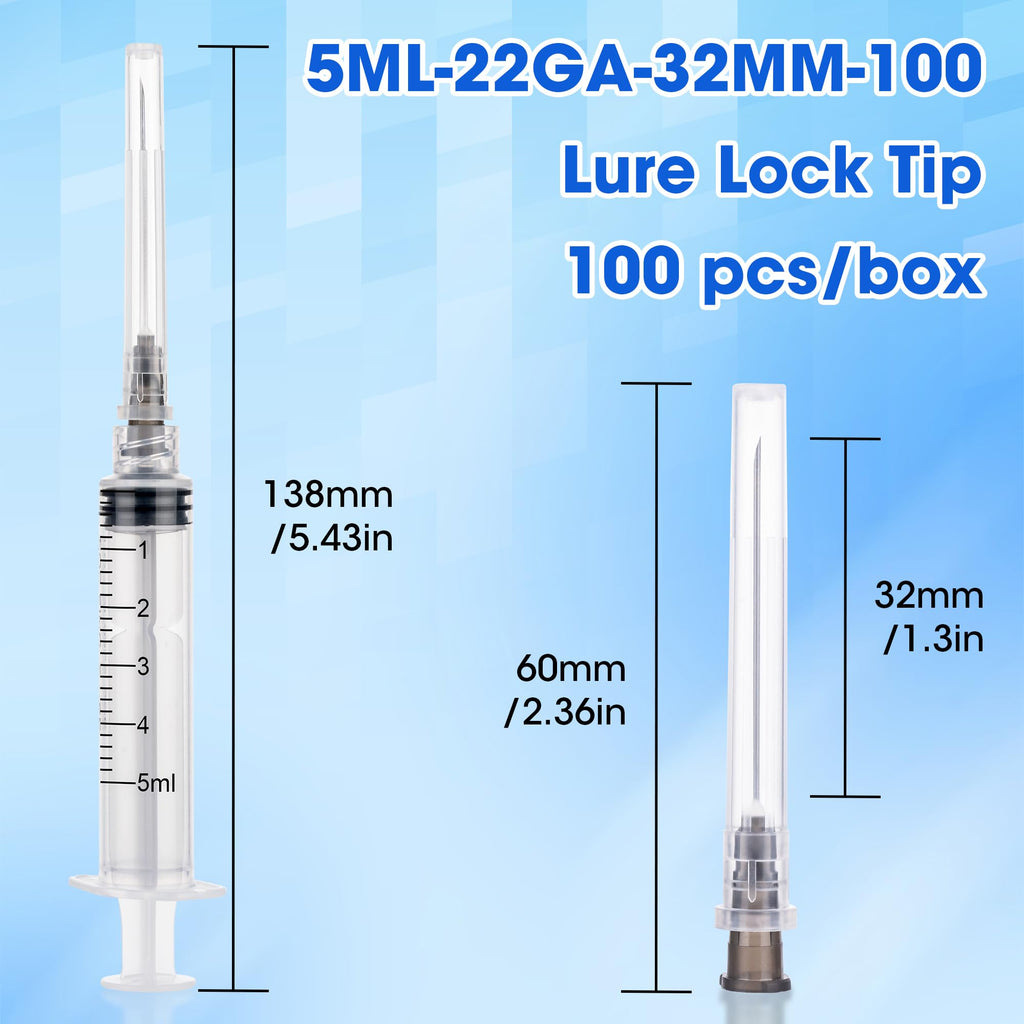 5ml 22 Gauge 32mm Syringe for Scientific Labs,Luer Lock Disposable Syringes, Individually Wrapped