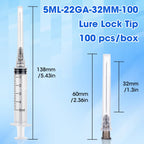 5ml 22 Gauge 32mm Syringe for Scientific Labs,Luer Lock Disposable Syringes, Individually Wrapped