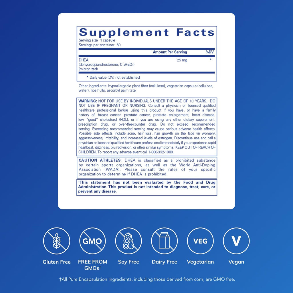 Pure Encapsulations DHEA 25 mg - Supplement for Immune Support, Hormone Balance, Metabolism Support, and Energy Levels* - with Micronized DHEA - 60 Capsules