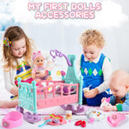 deAO 12” Baby Doll Play Set with Crib, Mobile, High Chair Feeding Accessories, Interactive Dolls for Girls Kids Pretend Play Baby Dolls 21 PCS