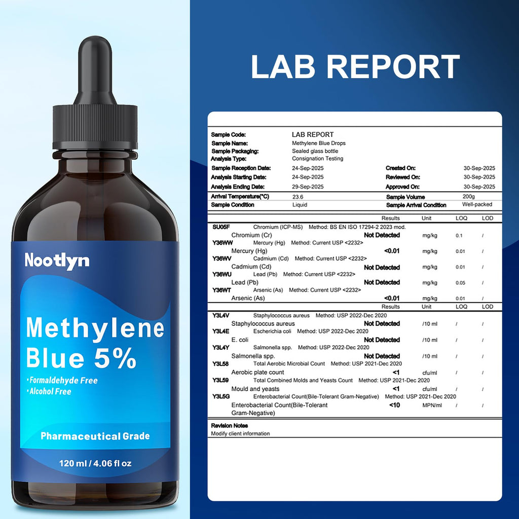 Methylene Blue Drops 5%, 99.99% Purity USP Pharmaceutical Grade Solution for Humans, No Formaldehyde & No Alcohol, 4.06 OZ FL