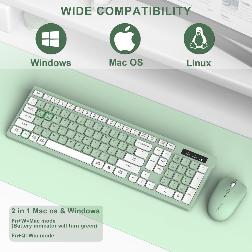 Wireless Keyboard and Mouse Combo Silent for Office and Home(Avocado Green)