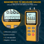 Manometer, Professional Air Pressure Meter, Dual-Port HVAC Digital Manometer Gas Pressure Tester,12 Selectable Units Differential Pressure Gauge, (Included Battery)