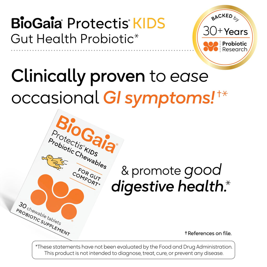 BioGaia Protectis Chewable Tablets for Toddlers, Kids, and Teens Occasional Stomach Pain, Constipation, Diarrhea, and Regularity, 30 Tablets, 2 Pack